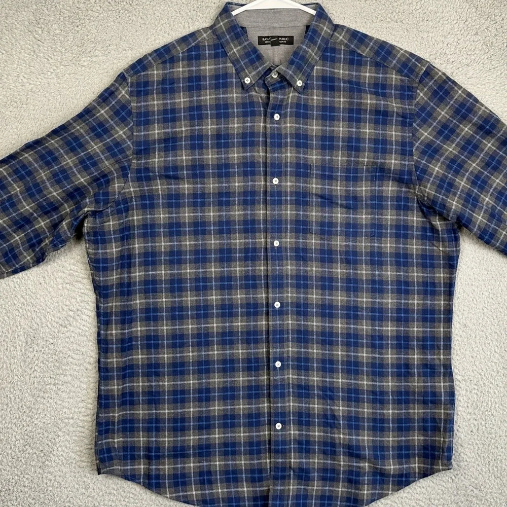Banana Republic Shirt Mens XL Blue Grey Luxe Flannel Slim Fit Plaid Button Down